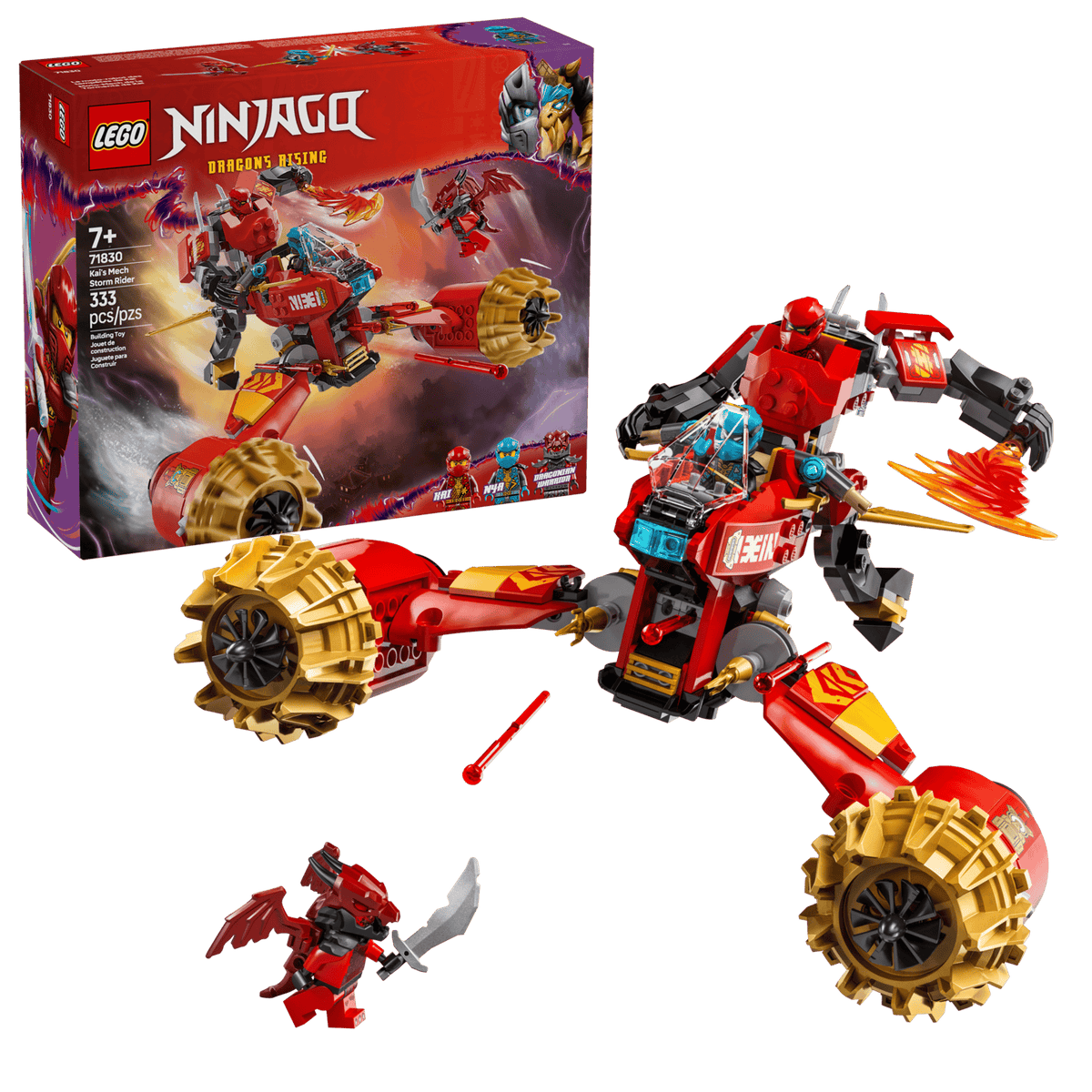 LEGO Kai's Mech Storm Rider 71830 — front of the box and the built model