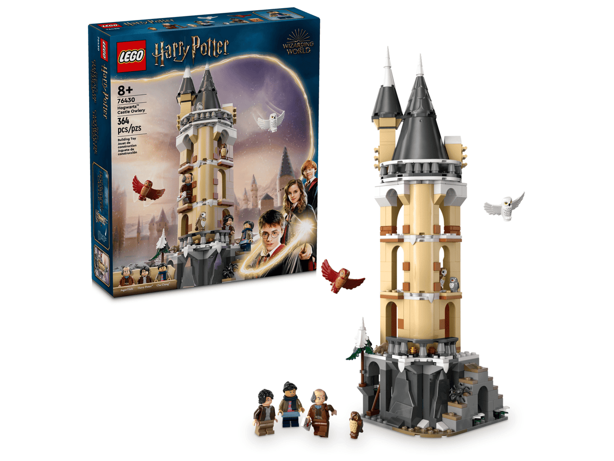 LEGO Hogwarts Castle Owlery 76430 — front of the box and the built model