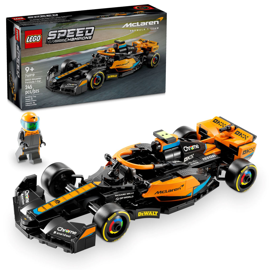 LEGO 2023 McLaren Formula 1 Car 76919 — front of the box and the built model