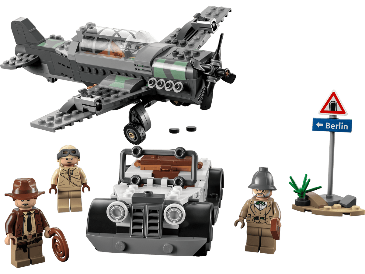 render of all contents - plane, car, 3 minifigures, road sign
